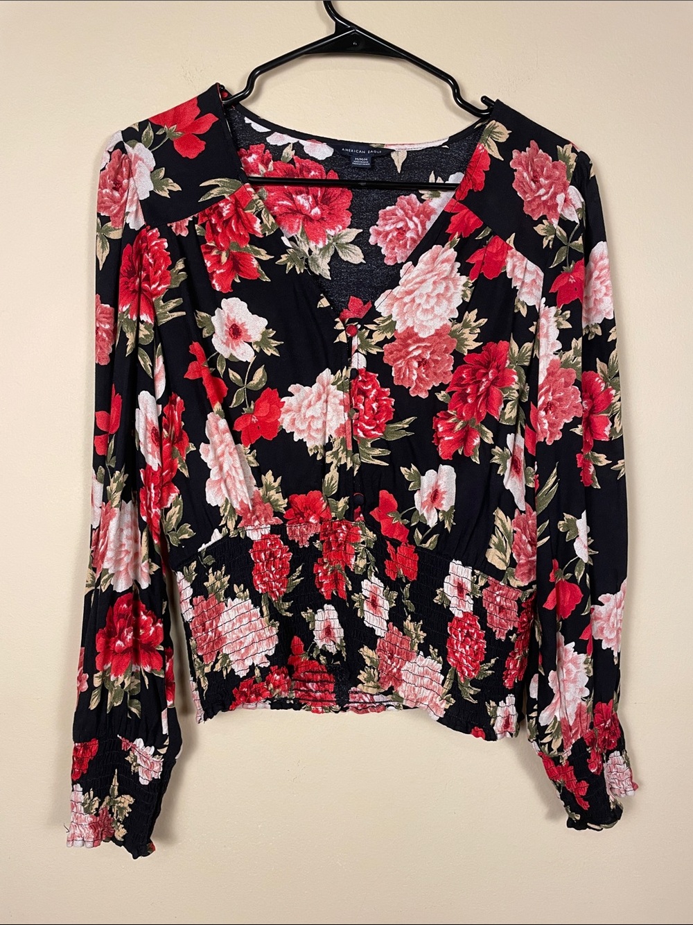 American Eagle Women’s Floral Print Button-Up Smocked Waist Long Sleeve Blouse